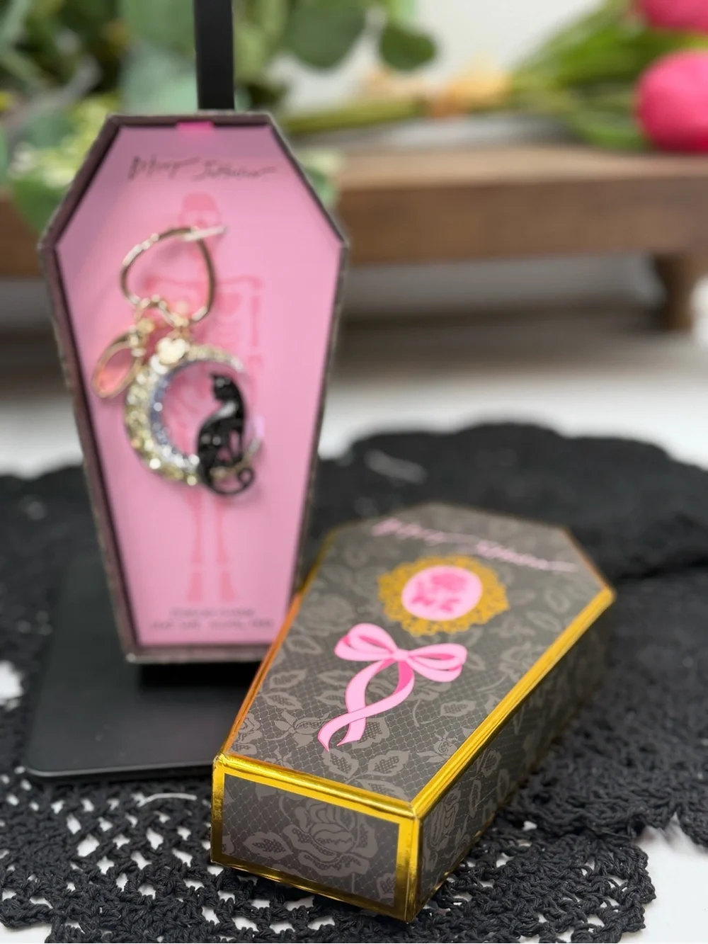 betsey johnson black cat moon rhinestone keychain bag charm halloween